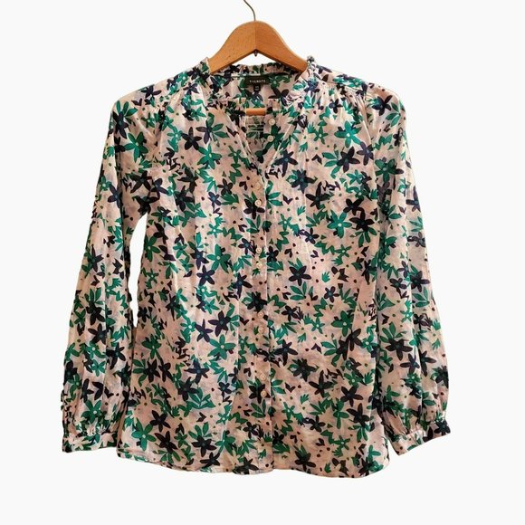 Talbots Long Sleeve Button Front Shirt, Size XS Green Blue Flowers Cotton Ruffle - Picture 1 of 7